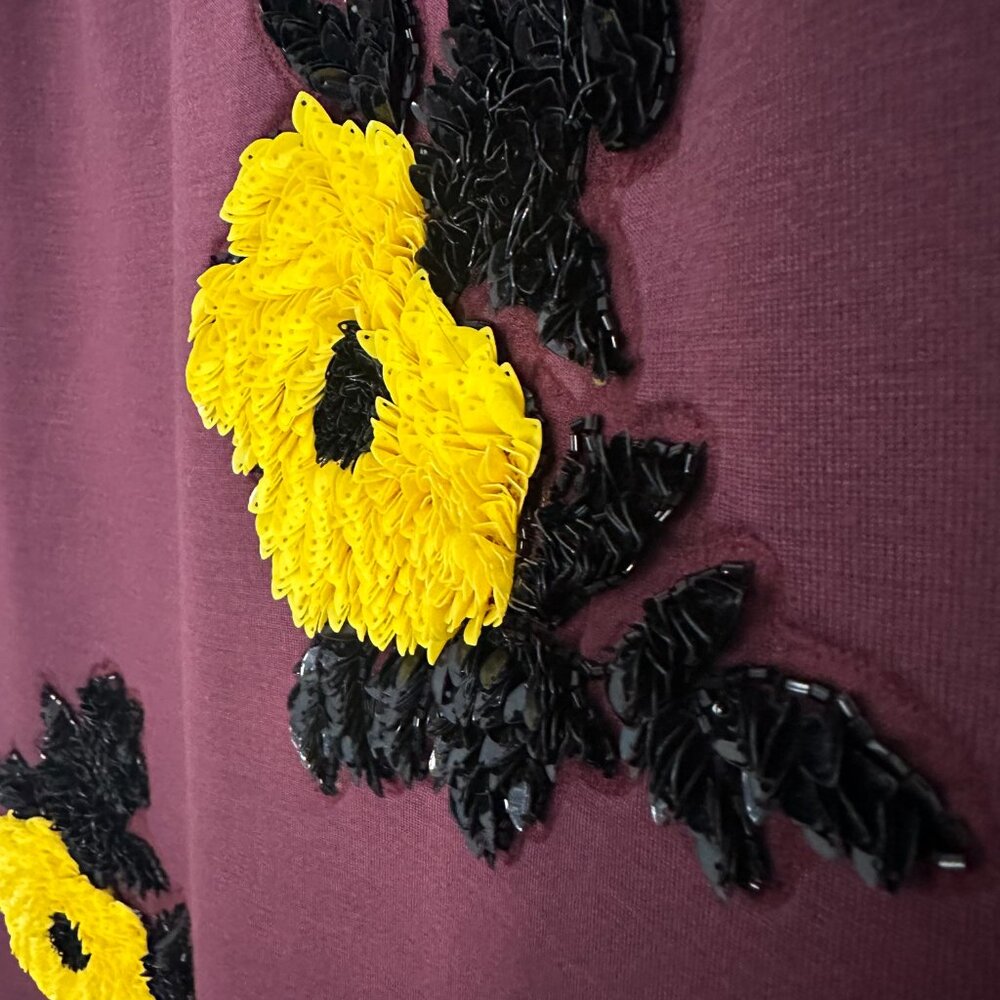 Women’s Burgundy Floral Mini Dress with Yellow Appliqué - Picture 4 of 9
